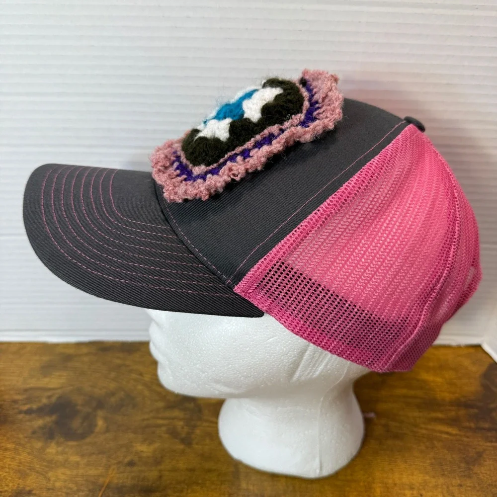 Custom Handmade Crochet Granny Square‎ Upcycled Hat Cap Pink Gray Boho Unique